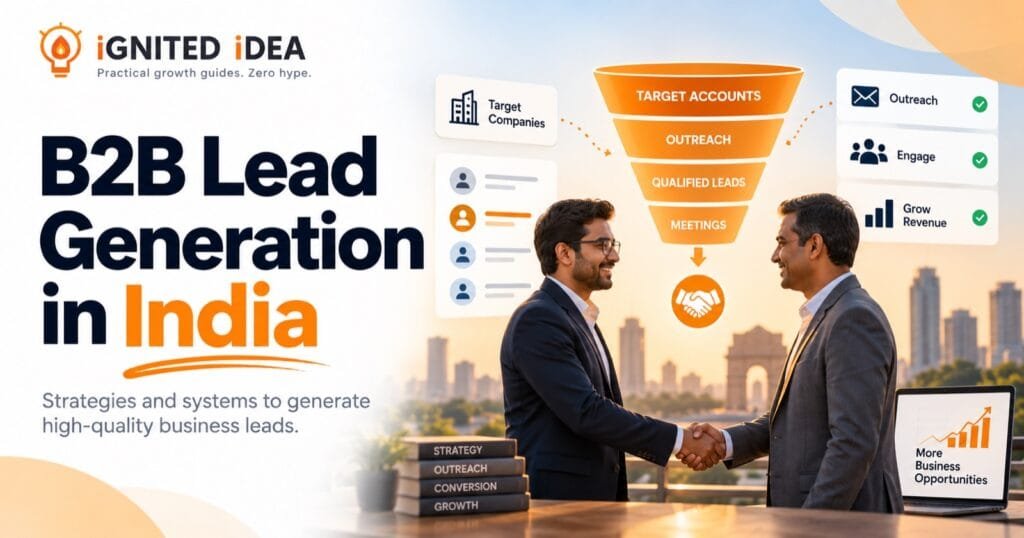 B2B lead generation in India: a sales funnel running from target accounts through outreach and qualified leads to booked meetings, with two Indian professionals shaking hands