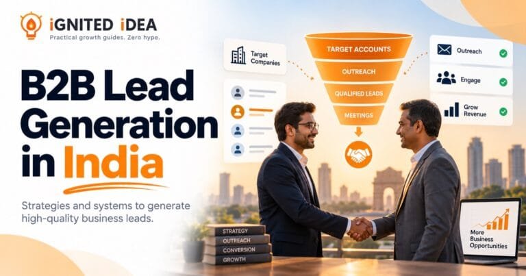 B2B lead generation in India: a sales funnel running from target accounts through outreach and qualified leads to booked meetings, with two Indian professionals shaking hands