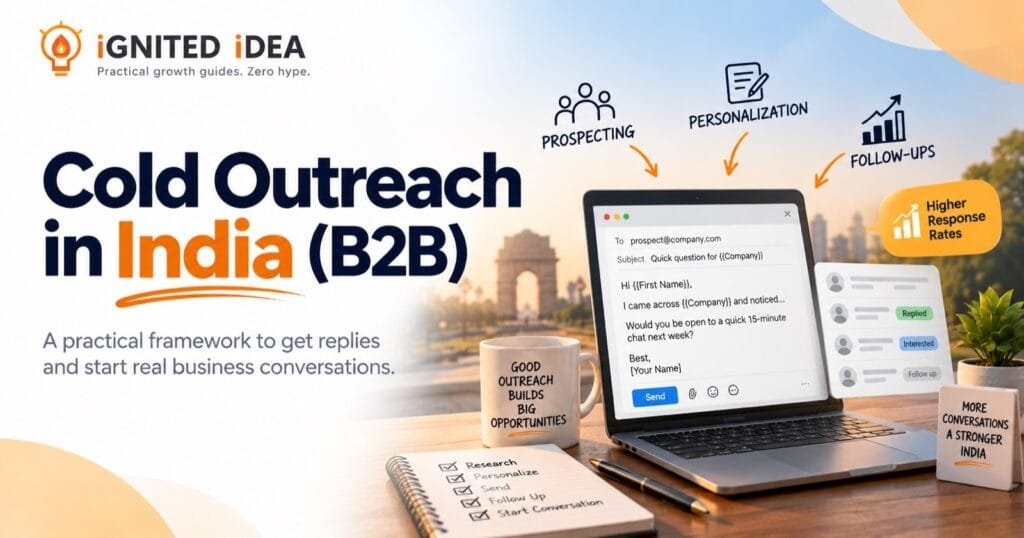 Cold outreach in India for B2B: a personalised cold email draft on a laptop alongside prospecting, personalisation and follow-up steps