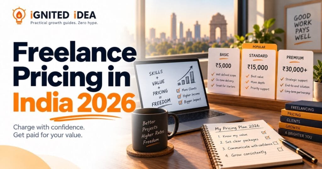 Freelance pricing in India 2026: example basic, standard and premium service packages on a freelancer's desk beside a pricing plan checklist