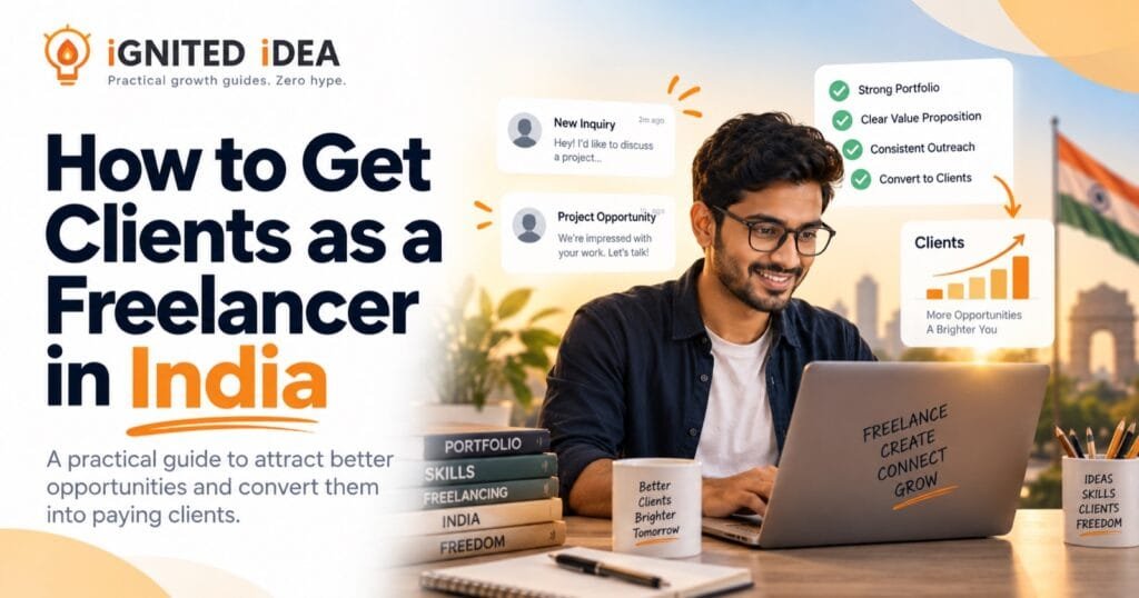 How to get clients as a freelancer in India: a freelancer at a laptop receiving project inquiries, with portfolio, value proposition and outreach steps listed alongside