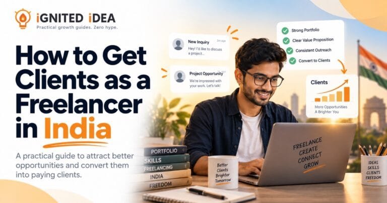 How to get clients as a freelancer in India: a freelancer at a laptop receiving project inquiries, with portfolio, value proposition and outreach steps listed alongside
