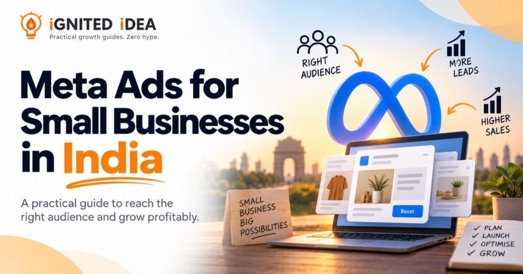 Meta Ads for small businesses in India: a boosted product advert on a laptop with plan, launch, optimise and grow steps