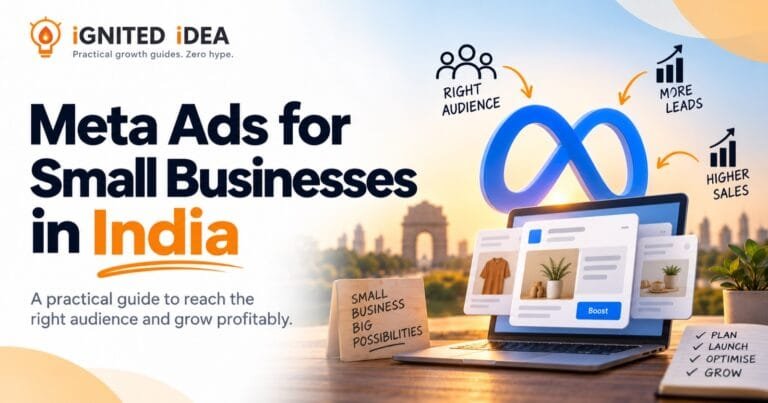 Meta Ads for small businesses in India: a boosted product advert on a laptop with plan, launch, optimise and grow steps