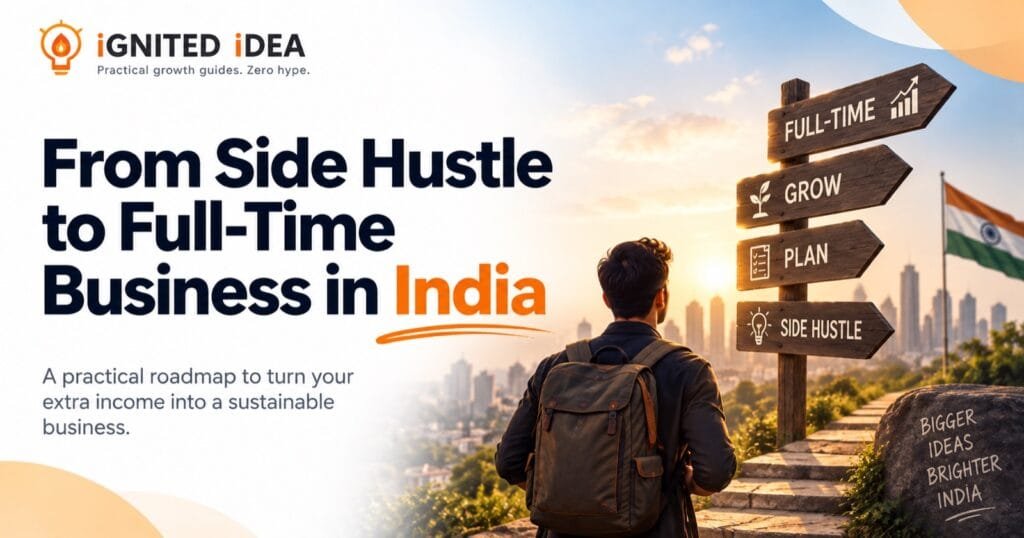 Side hustle to full-time business in India: a person facing signposts marked side hustle, plan, grow and full-time against a city skyline