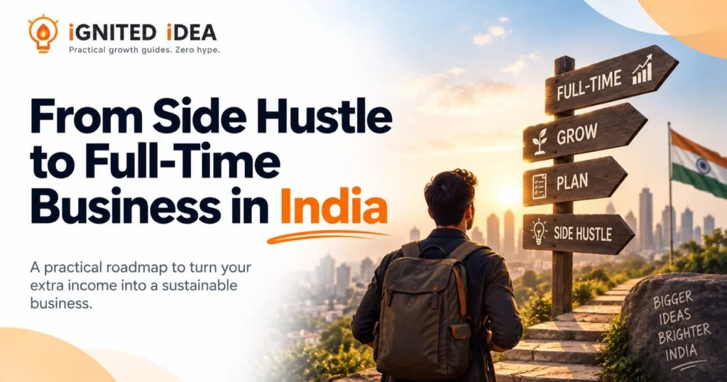 Side hustle to full-time business in India: a person facing signposts marked side hustle, plan, grow and full-time against a city skyline