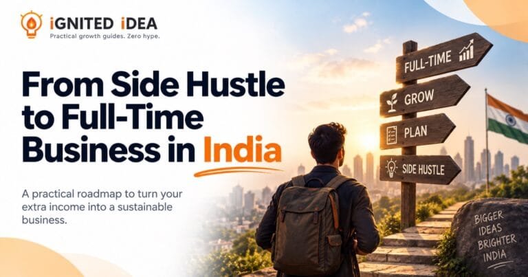 Side hustle to full-time business in India: a person facing signposts marked side hustle, plan, grow and full-time against a city skyline