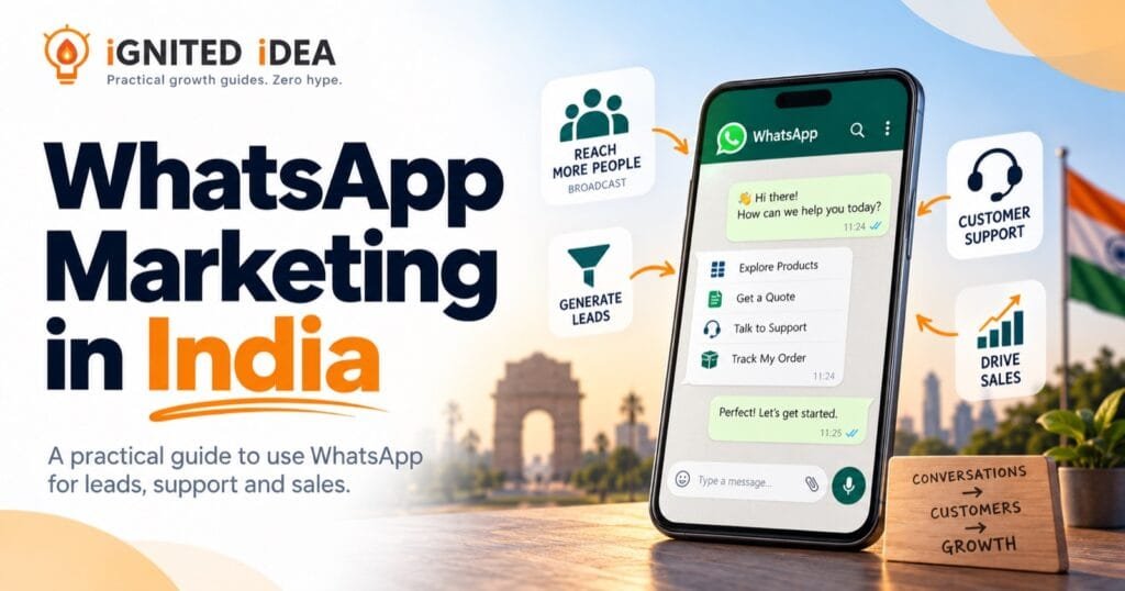 WhatsApp marketing for Indian businesses: a WhatsApp Business chat used for broadcasts, lead generation, customer support and sales